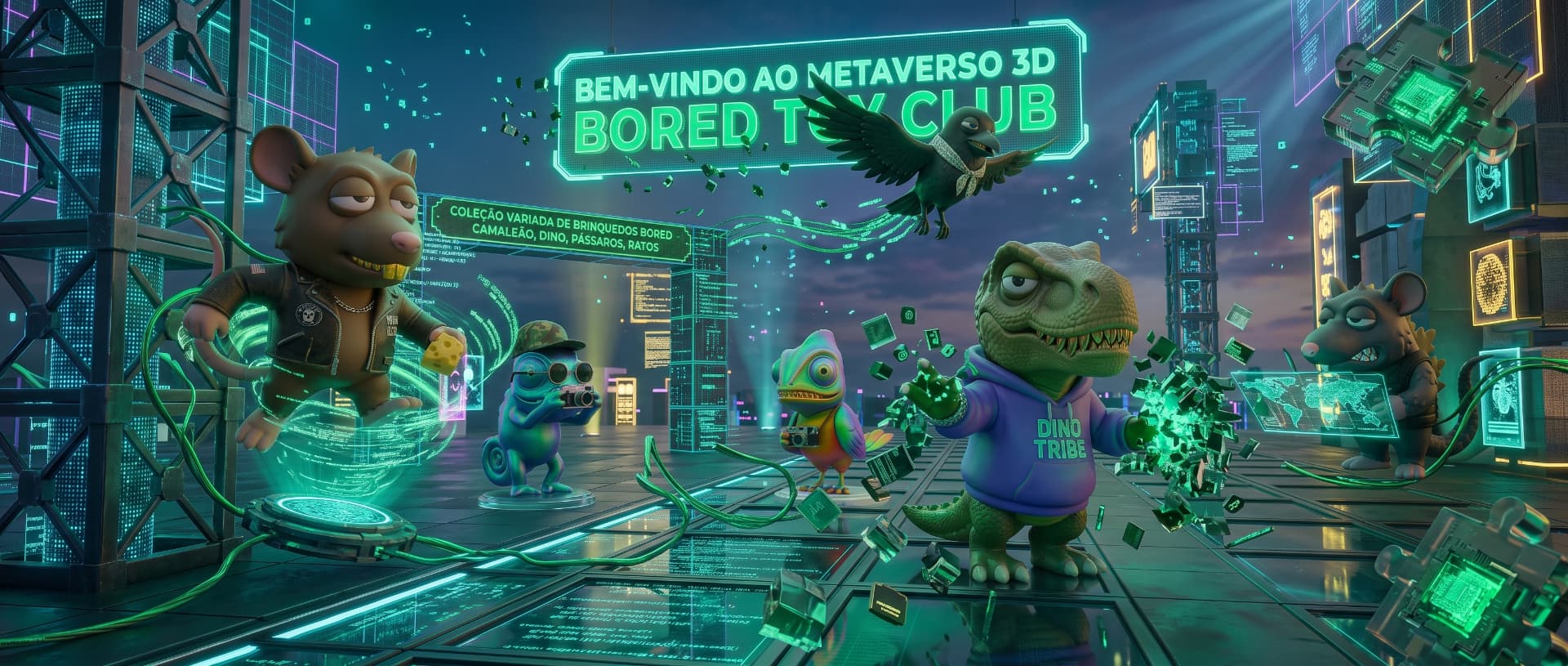 Cidade neon do Metaverso 3D com os personagens colecionáveis