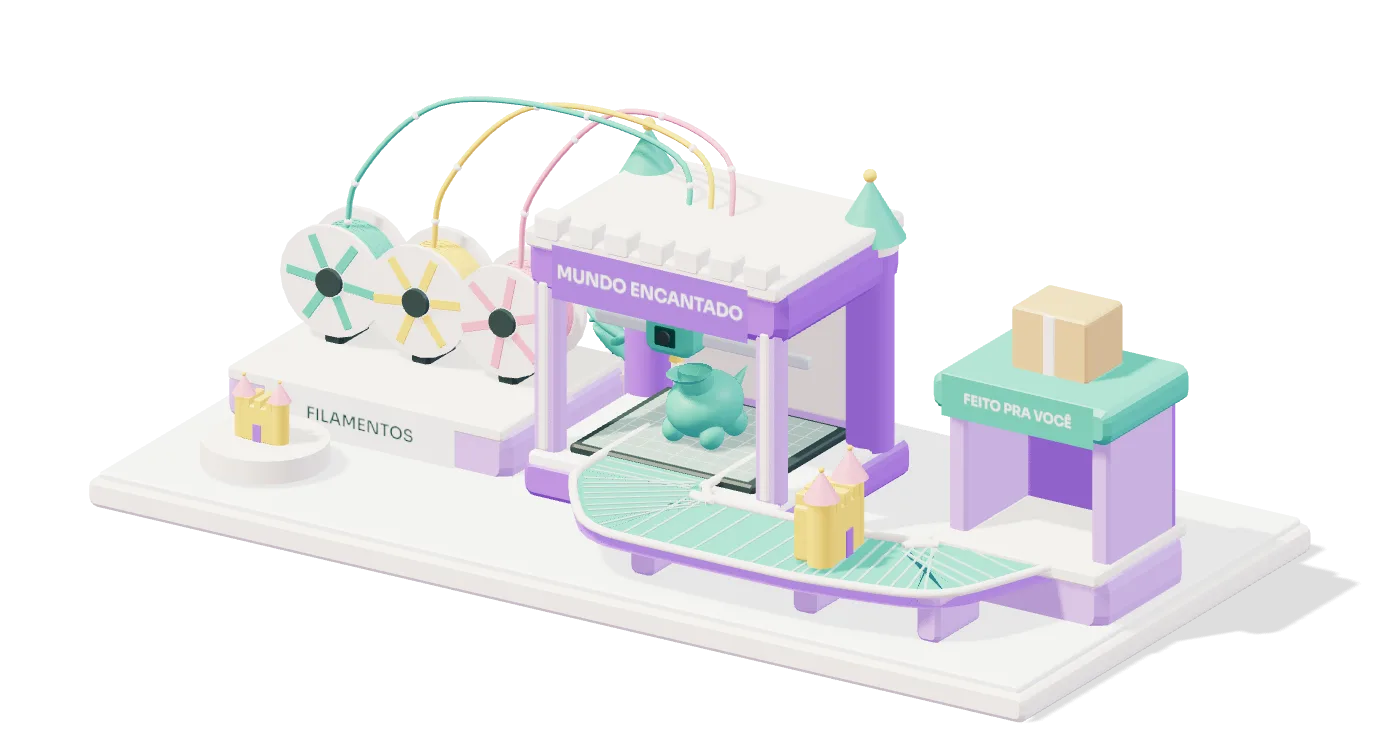 Fábrica em miniatura do ateliê: bobinas de filamento colorido alimentam uma impressora em forma de castelo, e as peças seguem pela esteira até a embalagem.