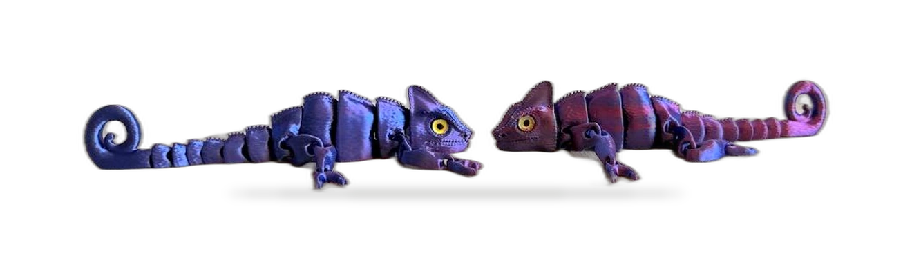 Camaleão Articulado em impressão 3D, bicolor, com corpo flexível e cauda espiral